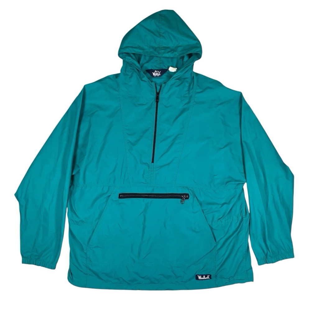 Woolrich Anorak Jacket Mens XL Teal Green Vintage Half Zip Hooded Windbreaker